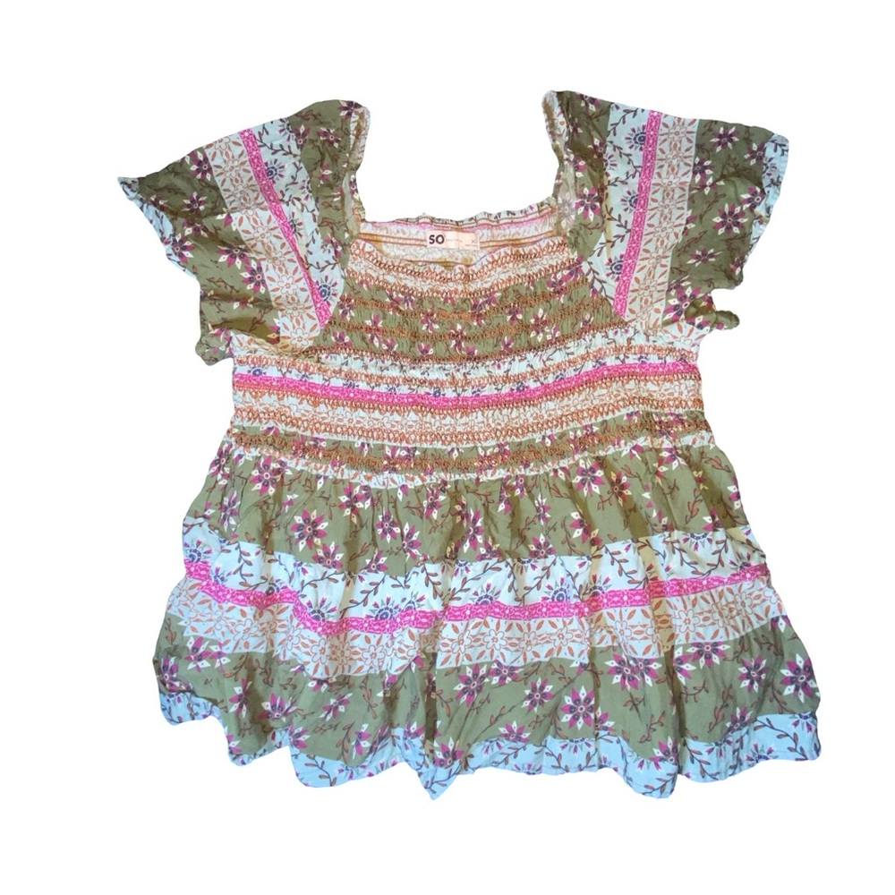SO Floral boho Rayon Top with Pink‎ and Green Accents size XL